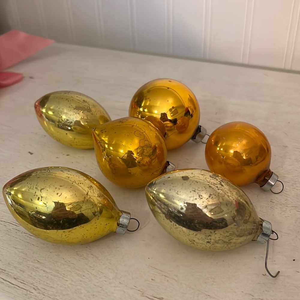 Lot 6 vintage gold Shiny Brite mercury glass Christmas ornaments teardrop ball